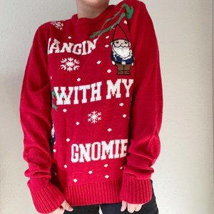 Neiman Marcus Hangin With My Gnomies Red Knit Oversized Ugly Christmas Sweater